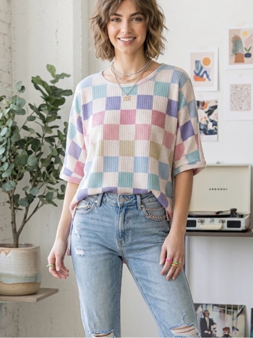 Hopely Pastel Checkerboard Waffle Knit Oversized Top Large Retro Cozycore Chic